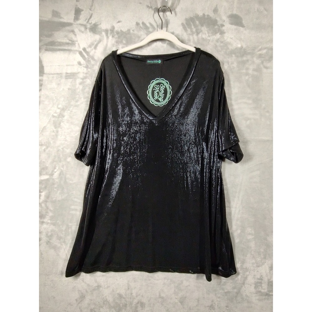Sterling Kreek Womens Black Shimmer Metallic V-Neck Short Sleeve Top 3XL NEW